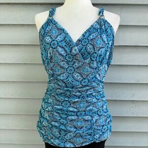 Express Blue Paisley Print Ruched Tank‎ Top Sleeveless Cami Rhinestone Straps L